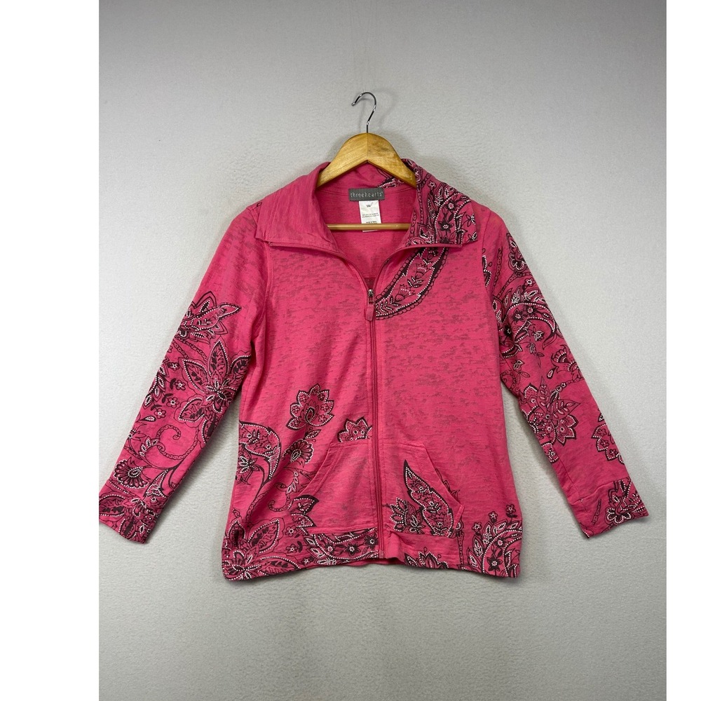 Boho Y2K Three Hearts Women S Pink Paisley Burnout Full Zip Mock Neck Jacket